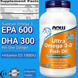 Now Foods Supplements, Ultra Omega 3, Vitamin D3, Ultra High Potency, Superb EPA 600mg & DHA 300mg, HALAL, 180 Softgels omega 3