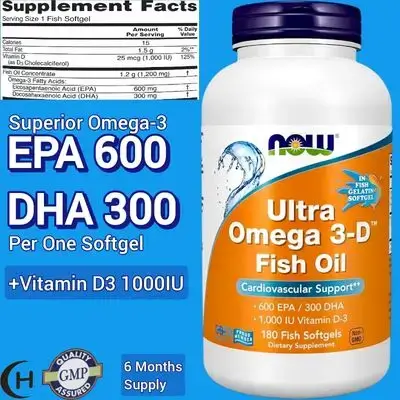 Now Foods Supplements, Ultra Omega 3, Vitamin D3, Ultra High Potency, Superb EPA 600mg & DHA 300mg, HALAL, 180 Softgels omega 3