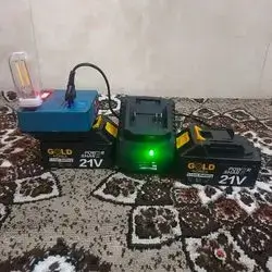 Two large batteries, one battery charger, one reflector lamp