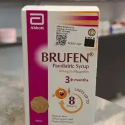 brufen paediatric syrup 100mg/5ml ibuprofen 3+ months last up to 8 hours reduce fever , effective pain relief 100ml