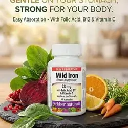 Mild Iron Ferrous Bisglycinate 28mg with Folic Acid, B12 & Vitamin C webber naturals (30 capsules)