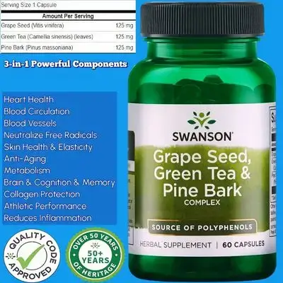 Swanson Grape Seed & Green Tea & Pine Bark Complex, Healthy Antioxidants, Polyphenols, grape seed extract, Green Tea Extract, Pine Bark Extract, anti aging, blood Circulation, metabolism, beauty, 60 Capsules