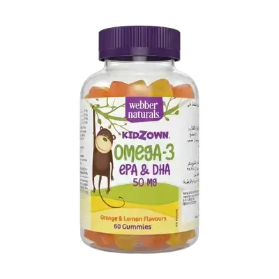 Kidzown Omega-3 EPA & DHA 50mg Orange & Lemon Flavours 60 gummies _ Webber Natural