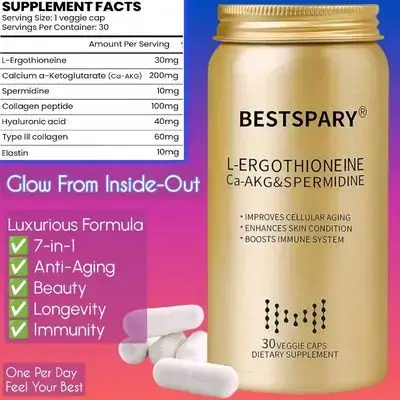 L-Ergothioneine, Calcium a-Ketoglutarate (Ca-AKG), SPERMIDINE, Collagen Peptides, Elastin, Hyaluronic Acid, Antioxidant complex, Promotes Cellular Health, Skin Care, Brain Health, Maintains Bone Health, Enhances Immune System, 30 Vegetarian Capsules