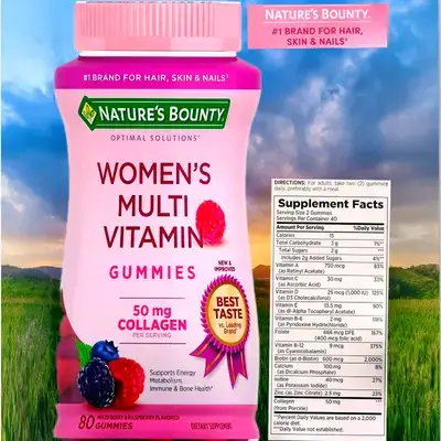 Nature's Bounty Women's Multivitamin, Multivitamins with Collagen for Immune and Cellular Energy Support, Bone Health, Hair, Skin, Nails, Hormones, Supplement, Raspberry Flavor, 80 Multivitamin gummy