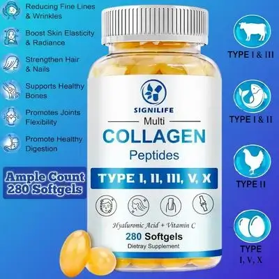 Multi Collagen Peptides, Women & Men, Hydrolyzed Collagen Peptides, Type I, II, III, V, X - with HYALURONIC Acid, Vitamin C ,BIOTIN ,Supports Skin Hair Nail Joints Bones Blood Vessels, 280 Softgels collagen