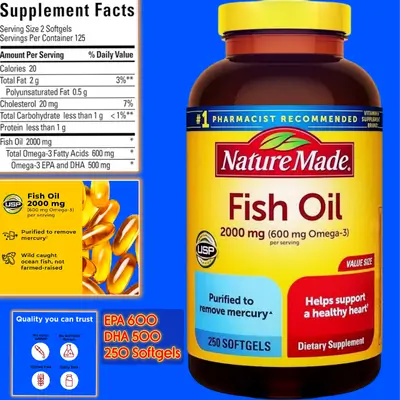 Fish Oil Omega 3 Supplements, 2000mg, Omega-3 Fish Oil for Healthy Heart, Brain, muscles, cholesterol, joints, arteries, skin, hair, 250 Softgels omega3