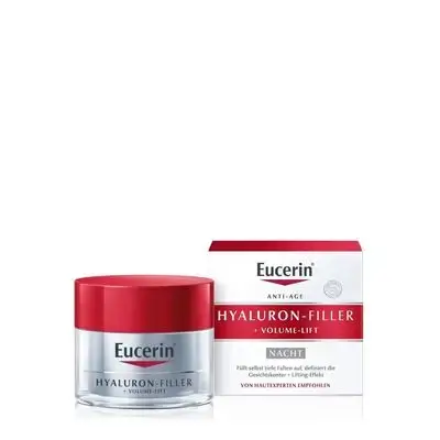 Eucerin Hyaluron-Filler + Volume-Lift Night Cream is an anti-aging face cream designed to plump deep wrinkles and restore lost volume overnight for a lifting effect. It is suitable for all skin types and is clinically and dermatologically proven to be effective.