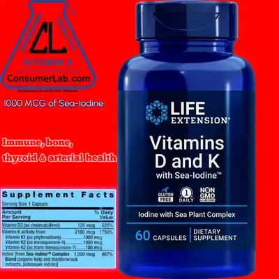 Vitamins D and K with SeaIodine, Iodine, vitamin K1, Vitamin K2 mk4, vitamin k2 MK7, Sea-Iodine, Bone Brain Thyroid Arterial Support Non GMO Once Daily Gluten Free, 60 Count Vitamin D K