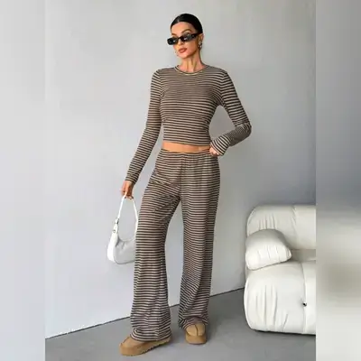 SHEIN Tall Women's Brown Stripe Casual Lounge Pajama Set - XL