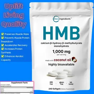 HMB 1000mg, with Coconut Oil, Highly Bioavailable, HMB Supplements, for Men & Women, Supports Lean Muscle Mass, Muscle Recovery, Growth, strength, stamina, endurance, gym and workout supplement, Stronger than Creatine, 240 Softgels