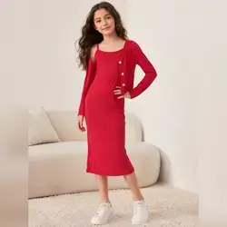 SHEIN Kids Girls' 2-Piece Red Dress and cardigan Set - 9 Years
