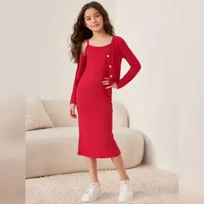 SHEIN Kids Girls' 2-Piece Red Dress and cardigan Set - 9 Years