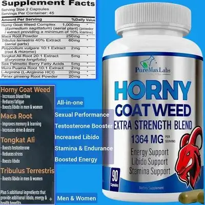 Horny Goat Weed 1364mg Extra Strength, Maca, Tongkat Ali, Tribulus, L-Arginine, Ginseng, Boost Performance, Libido, Sexual performance and desire, Stamina, Energy, testosterone booster, Made in USA, GMP, minimum 10% icariins, 90 Capsules horny goat weed
