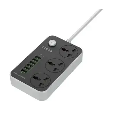 شريط طاقة LDNIO SC3604 بقوة 2500 واط، 6 منافذ USB مع 3 مقابس تيار متردد - أسود