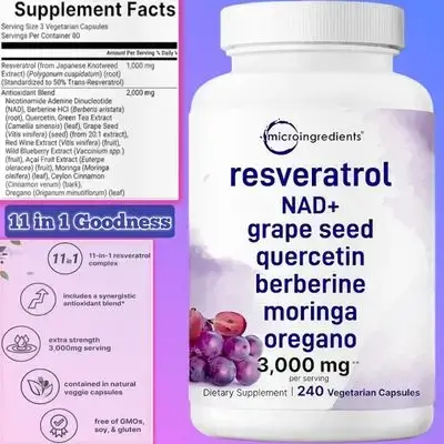 11 in 1 Anti-Aging & Longevity, Resveratrol NAD Complex, Women&Men, NMN Alternative, with NAD+, Quercetin, Moringa, Berberine, Grape Seed & Oregano, Berberine , Green Tea Extract, blueberry, Beauty and Body Composition, 240 Caps Resveratrol