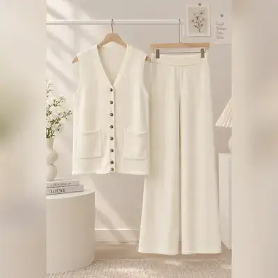 SHEIN Cozy 2-piece knit set featuring a V-neck button-front vest with wide-leg pants - Small