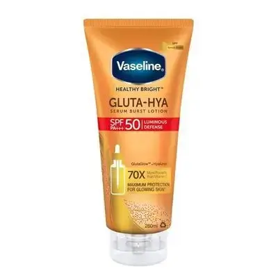 Vaseline Healthy Bright Gluta-Hya serum BURST Lotion SPF 50 Luminous Defense 70X Maximum Protection For Glowing Skin 150ml
