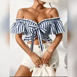 SHEIN LUNE Striped Off Shoulder Knot Front Frill Trim Crop Blouse - Large