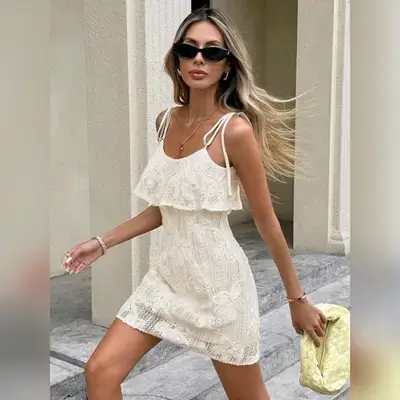 Serisse Women Holiday Casual Plain Textured Camisole Mini Dress - Medium