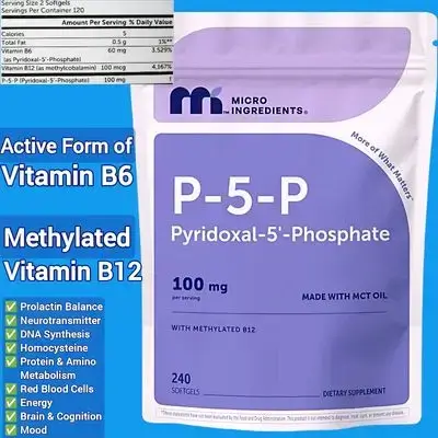 P5P, Active form of B6, Vitamin B6, Methylated B6, with Methylated B12, vitamin b12, Made with MCT Oil, Energy Metabolism & Brain & Heart, Prolactin & Homocysteine, 240 Softgels p5p