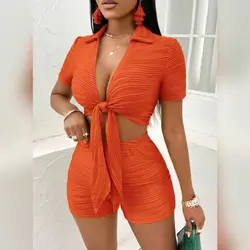 Zolique Tie Front Crop Top & Shorts - Large