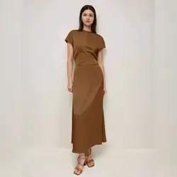 BizChic Caramel Round Neck Cap Sleeve Waist Ruched Women's Dress - Small