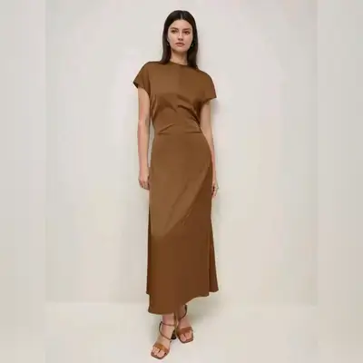 BizChic Caramel Round Neck Cap Sleeve Waist Ruched Women's Dress - Small