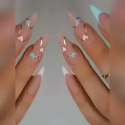 24pcs Long Stiletto Bronzing French Frosted Pink and Blue Heart Fake Nail False