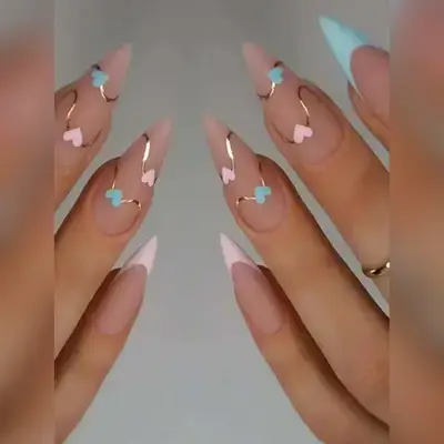 24pcs Long Stiletto Bronzing French Frosted Pink and Blue Heart Fake Nail False