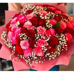 Red and Pink Rose Bouquet with White Filler Flowers