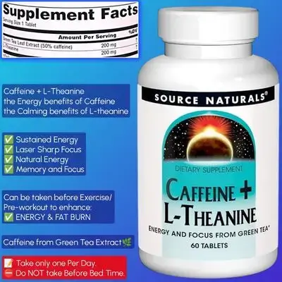Caffeine + L-Theanine, Energy and Focus Support from Green Tea, caffeine, L Threanine, Energy, Focus, Calmness, fat burn, Pre-Workout, exercise enhancement, 60 Tablets caffeine