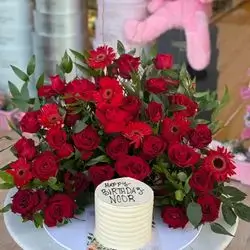Flowers And Cake For 5 People Chocolate Cake Flavor