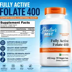 Doctor's Best, Fully Active Folate with Quatrefolic, 400 mcg, Healthy Mood, Memory, Circulation, Well-Being, Homocysteine, Cell Growth, Methyl Folate, Vitamin B9, Folate, 90 VC Folate