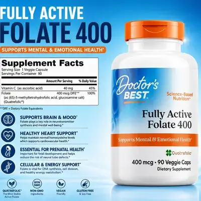 Doctor's Best, Fully Active Folate with Quatrefolic, 400 mcg, Healthy Mood, Memory, Circulation, Well-Being, Homocysteine, Cell Growth, Methyl Folate, Vitamin B9, Folate, 90 VC Folate