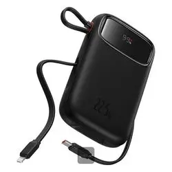 Baseus Qpow2 10000mah Digital Display Fast Charge Power Bank 22.5w With Built-in Dual-cable Lightning And Type-c - Black
