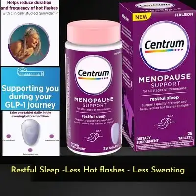 Centrum Restful Sleep Menopause Support, Supplement with Clinically Studied DailyZz and geniVida, calm, GLP1 support, less hot flashes, less sweating, better mood and energy, 28 Menopause Support Tablets