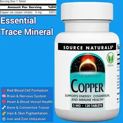 Source Naurals Copper, Copper Citrate, Copper, Supports Energy, Cognition, Immune Health, premature Grey Hair, Iron Absorption, balanced Zinc Levels, 3 mg, hair loss, 120 Tablets copper