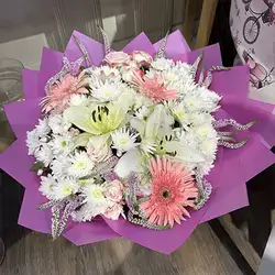 White and Pink Mixed Bouquet in Purple Wrap