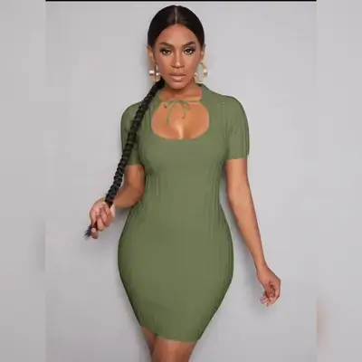 Slaydiva Tie Front Cut Out Ribbed Knit Bodycon Sweater Dress - Medium