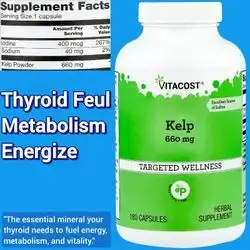 Vitacost Kelp, 660mg, Kelp Powder, with Iodine 400mcg, thyroid health & function, Optimal metabolism, all day Energy, Immune Wellness, 180 Capsules kelp