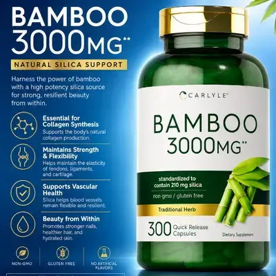 Bamboo Extract With SILICA, For Hair Growth, Collagen Production, Joints, hair thinning, hair loss, cartilage, tendons, joint health, 300 Capsules Silica