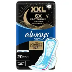 Always XXL Night Pads, 6x Protection for Super Heavy Nights, Maxi Thick, 20 Pads