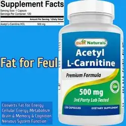 Acetyl-L-Carnitine, L Carnitine, Carnitine, Acetyl L Carnitine, Supports Fat transport for Energy, Mitochondria, Brain, memory, focus, learning, Nerves and neurotransmitters, 120 Capsules carnitine