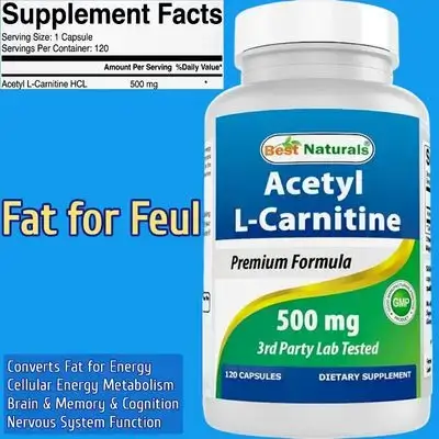 Acetyl-L-Carnitine, L Carnitine, Carnitine, Acetyl L Carnitine, Supports Fat transport for Energy, Mitochondria, Brain, memory, focus, learning, Nerves and neurotransmitters, 120 Capsules carnitine 