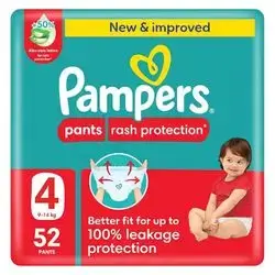 Diapers Pampers Pants Rash Protection - Size 4 (9-14 kg), 52 Pieces