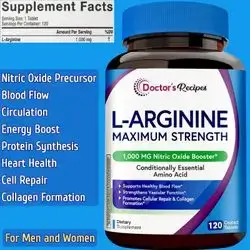 Doctor's Recipes, L Arginine, 1000mg, Maximum Strength, Nitric Oxide Production, Blood Flow and Vascular Function, Endurance and Workout Pump, Argenine, Men and Women, 120 Tablets Arginine