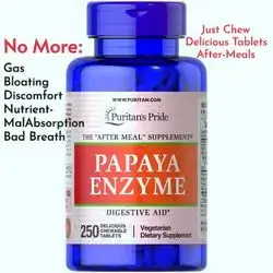Papaya Enzyme, digestive aid, Easy digestion, no gas, bloating, pressure, discomfort, indigestion, better nutrient absorption, digests protein, carbohydrates, Lactose, fats, 250 Chewables