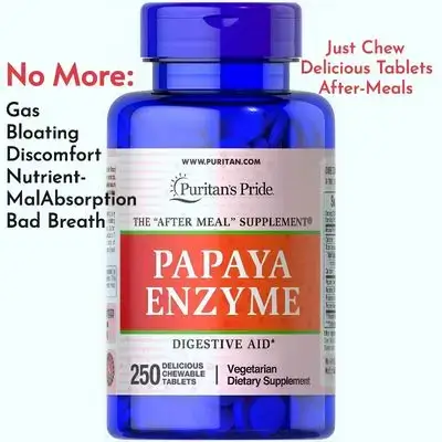 Papaya Enzyme, digestive aid, Easy digestion, no gas, bloating, pressure, discomfort, indigestion, better nutrient absorption, digests protein, carbohydrates, Lactose, fats, 250 Chewables