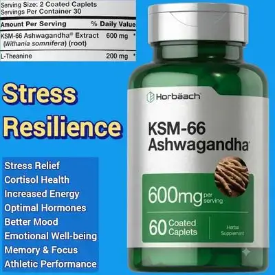 Horbäach, KSM-66 Ashwagandha, with L-Theanine, Ashwagandha, L Theanine, ksm 66 Ashwagandha, Supports Stress Relief, Sleep, Calmness, Cortisol, Energy, Hormones, mood, focus, 60 Caplets Ashwagandha